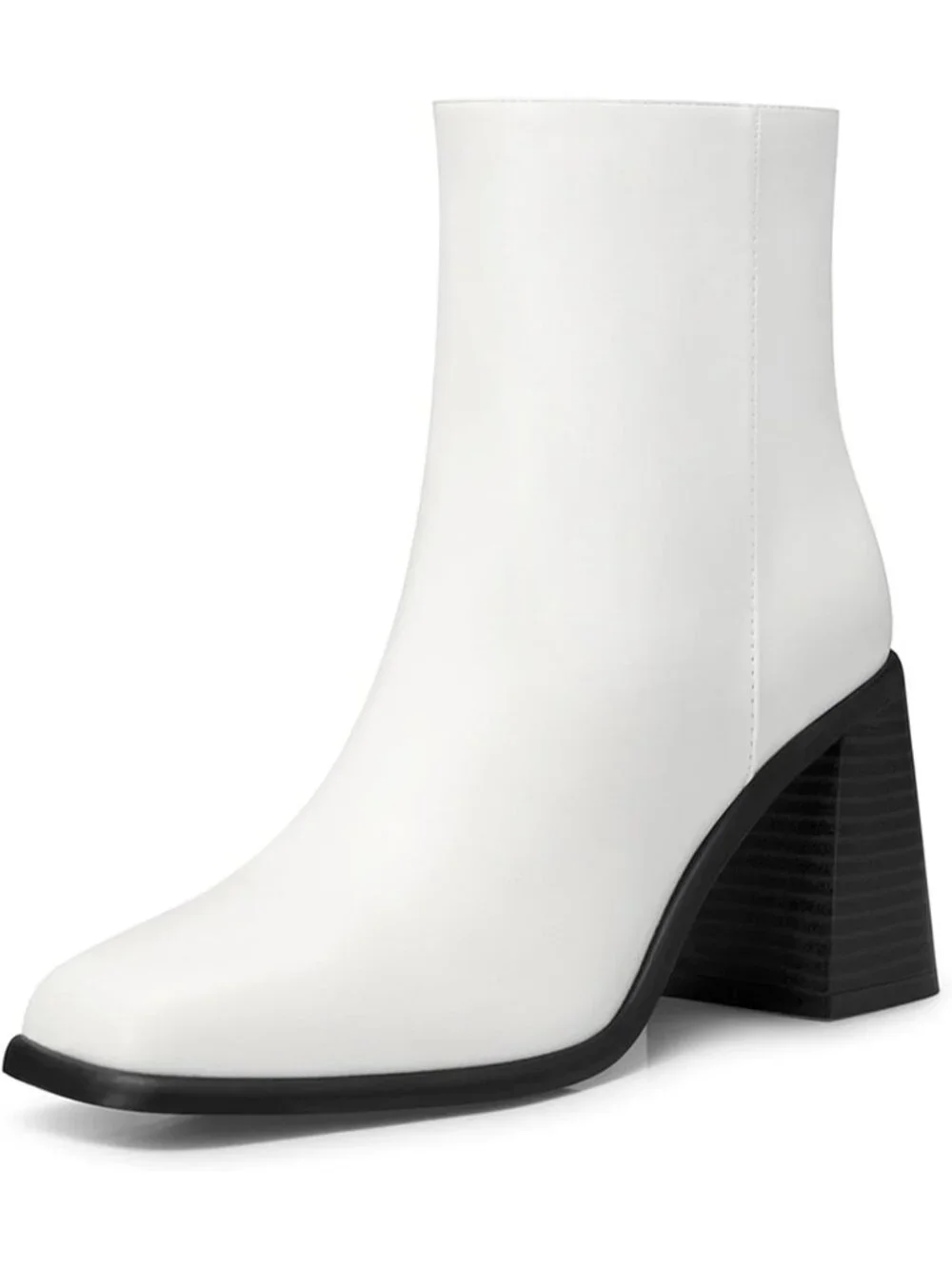 Women's White Square Toe Comfortable Chunky Heel Faux Leather Ankle Boots